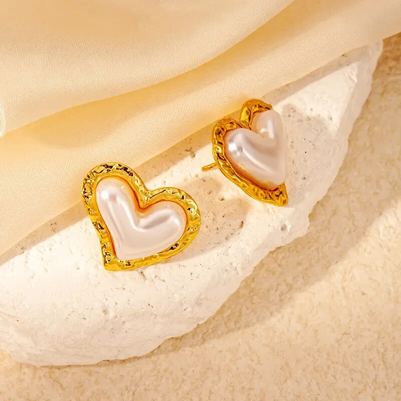 18K Gold Plated Stainless Steel Heart Stud Earrings with Artificial Pearl8