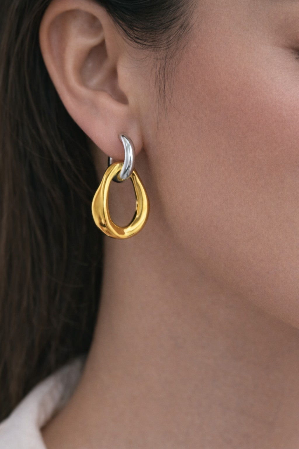 18k Gold Plated Stainless Steel Two-Tone Polished Detachable Drop Hoop Earring0