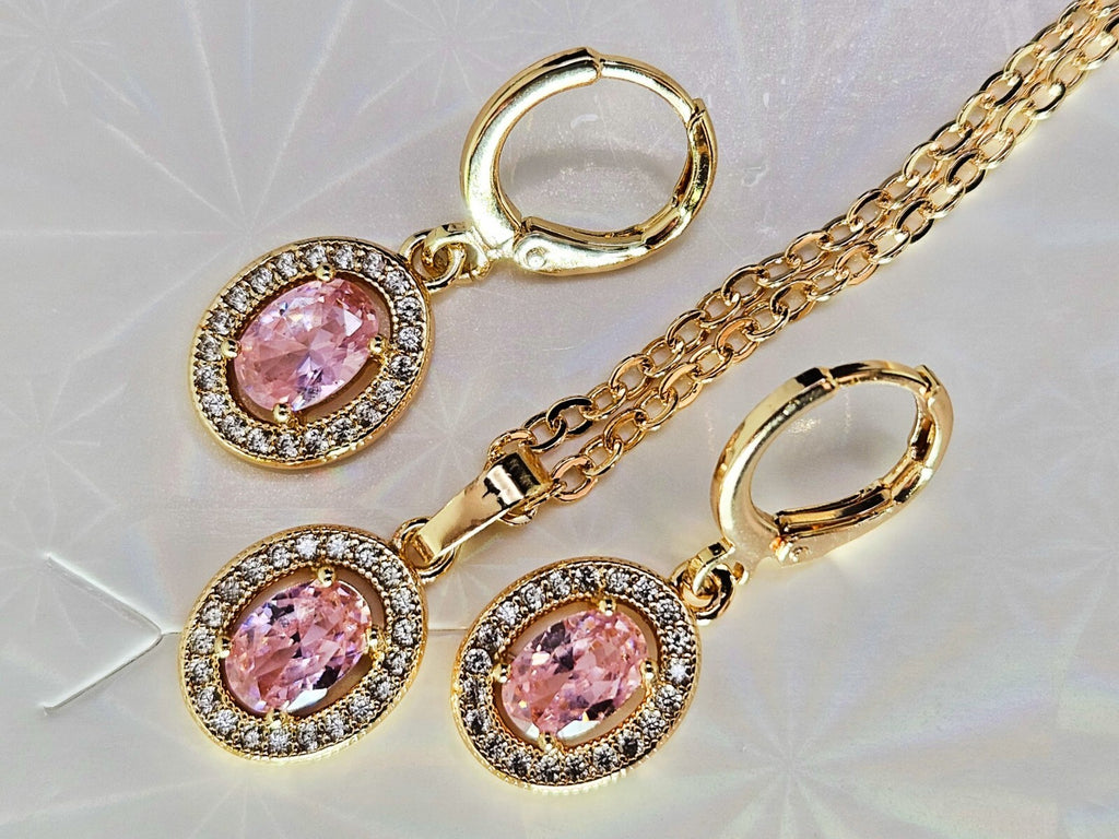 Necklace and Earring set 3 piece 18K Gold with Pink and White Cubic Zirconias2