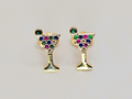 18K Gold Stud Earrings with Multi Color Cubic Zirconia Cocktail Wine Glass0