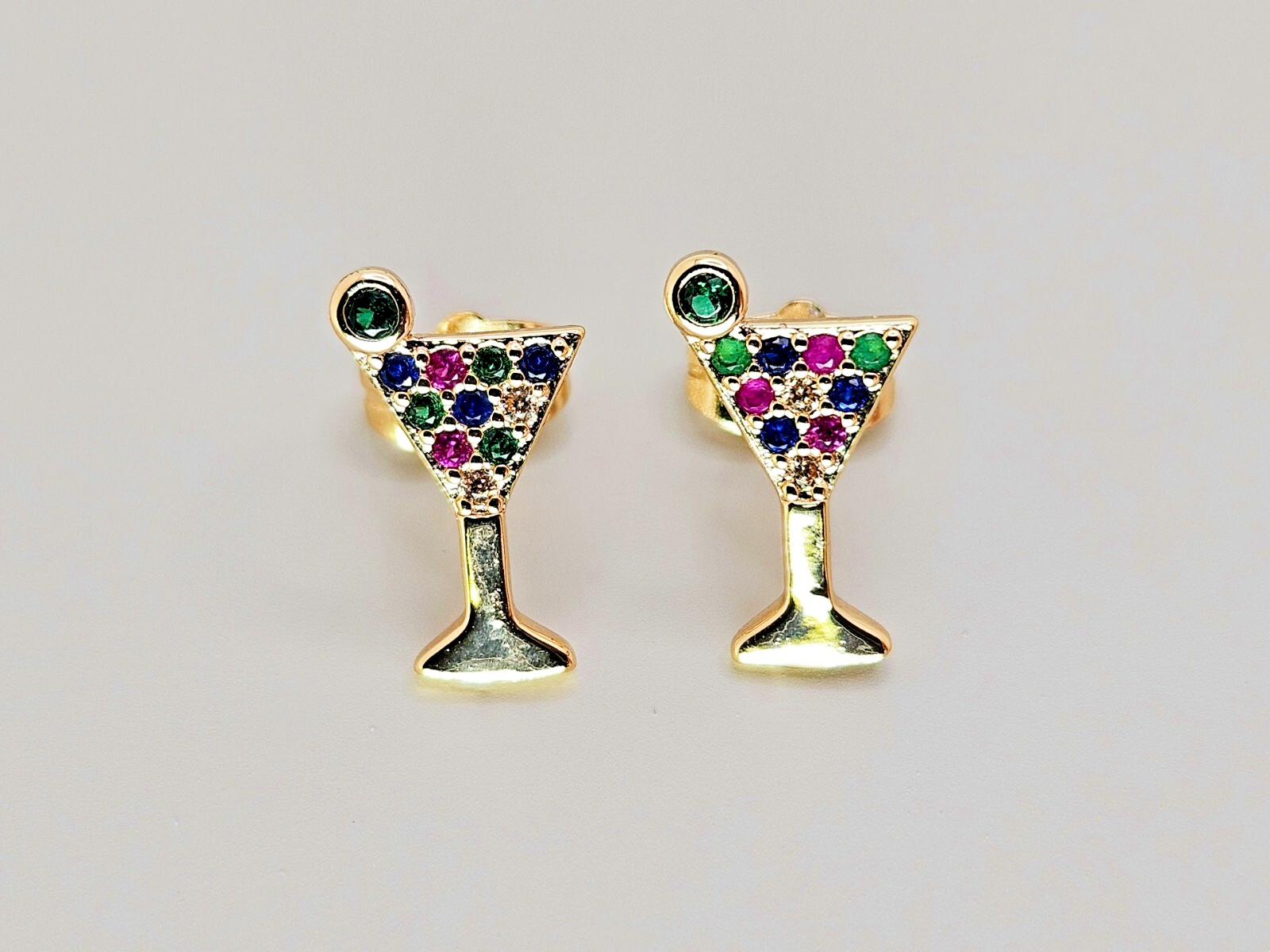 18K Gold Stud Earrings with Multi Color Cubic Zirconia Cocktail Wine Glass0