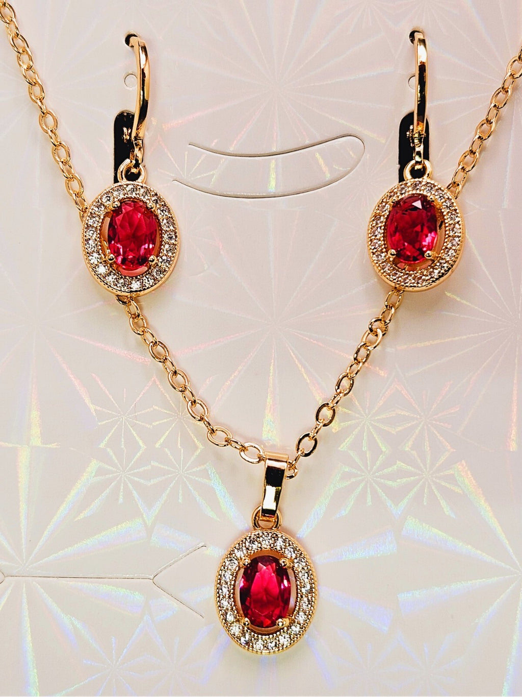 Necklace and Earring set 3 piece 18K Gold with Red and White Cubic Zirconias0