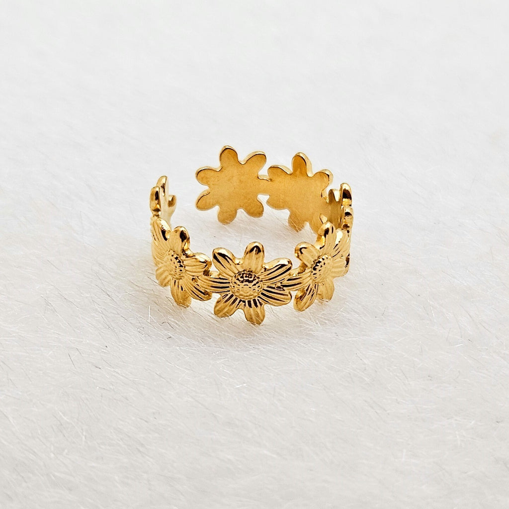 18K Gold Plated Open Adjustable Sunflower Ring, Stainless Steel Jewelry3