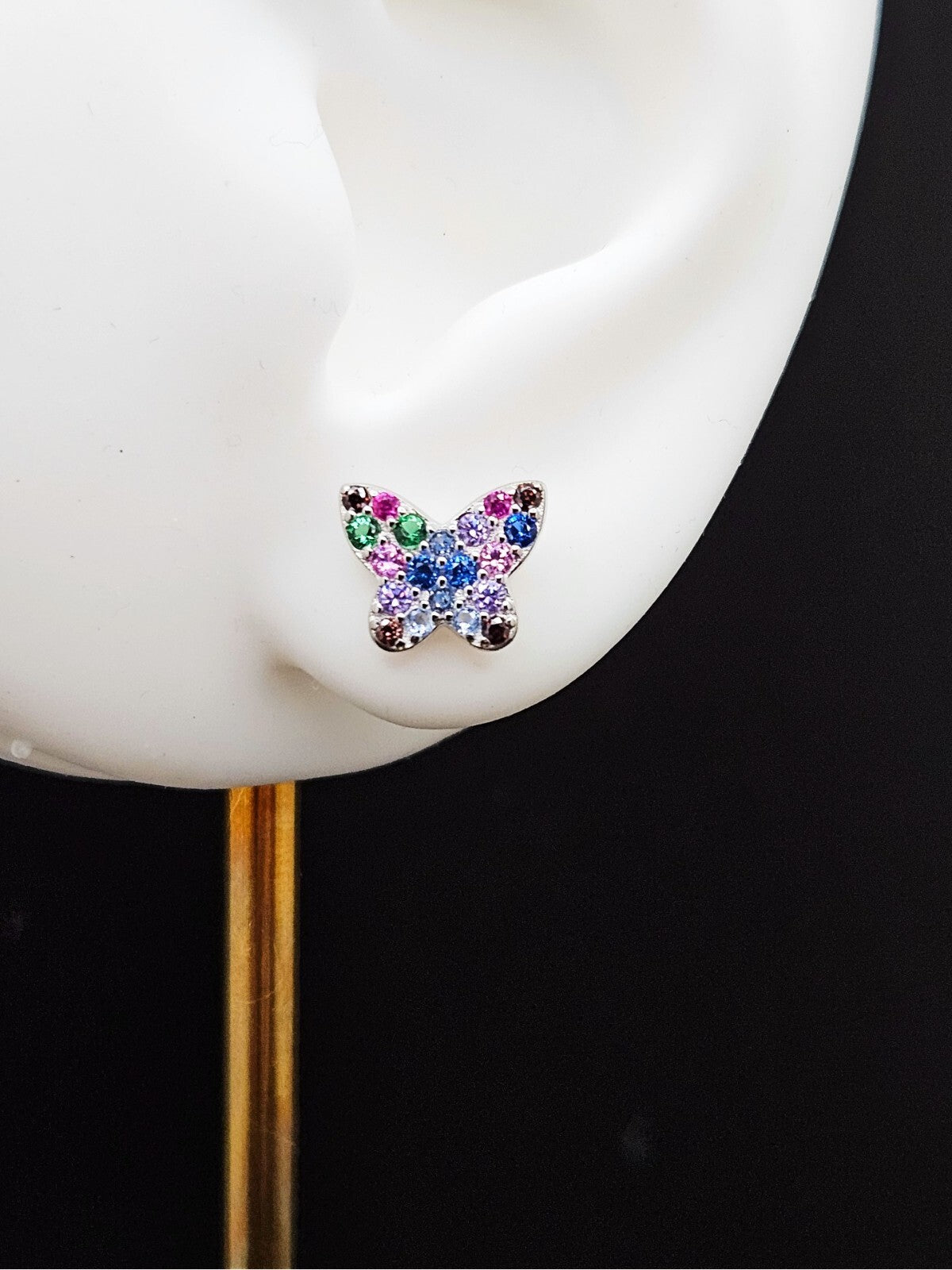 925 Sterling Silver Colorful Cubic Zirconia Butterfly Stud Earrings 3
