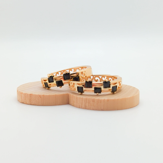 18K Gold Plated Emerald Cut Hoop Earrings with Black Cubic Zirconia0