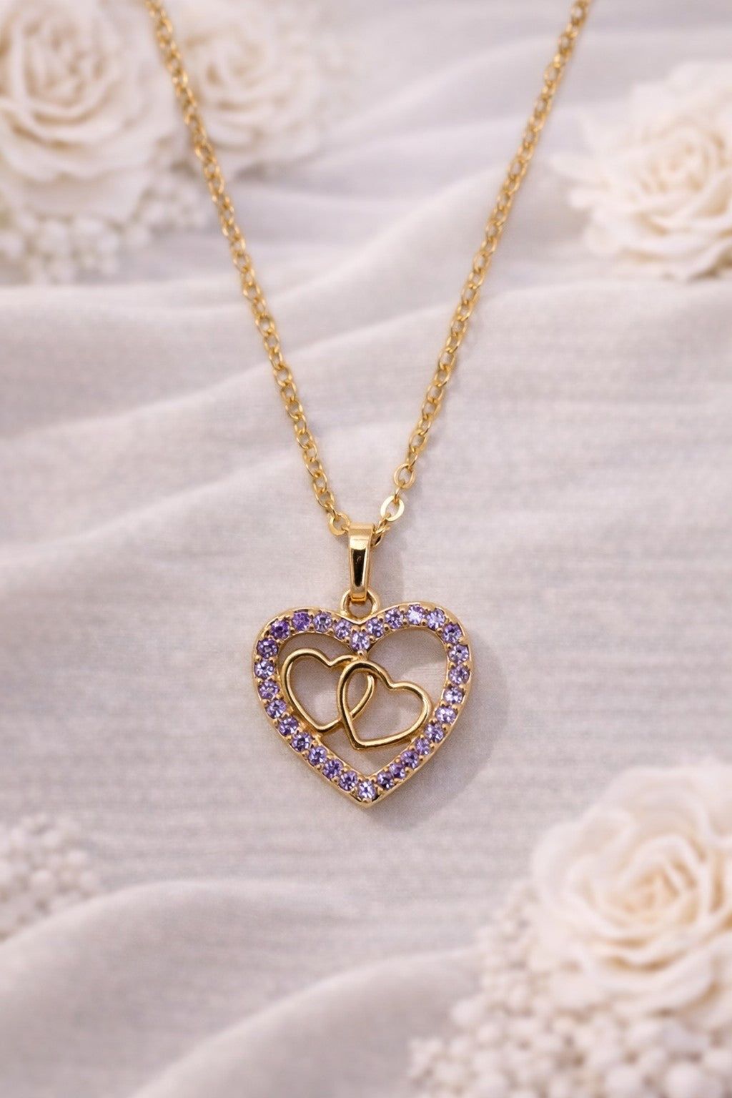 18K Gold Plated Heart Jewelry Set Amethyst CZ Necklace & Earrings2