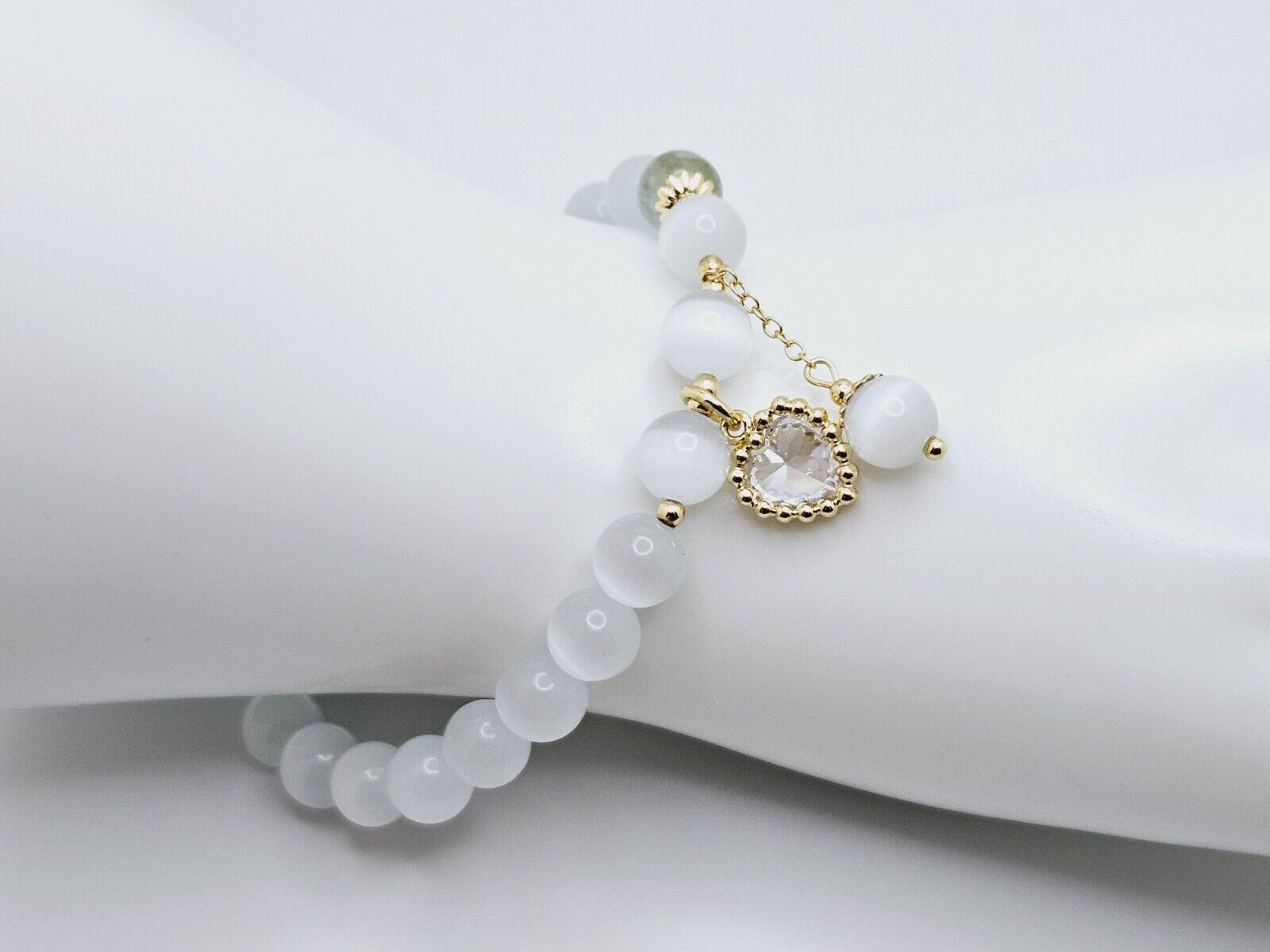 Opal Crystal Stone Beaded Bracelet with Dangle Heart and Ball Charms, For Women3