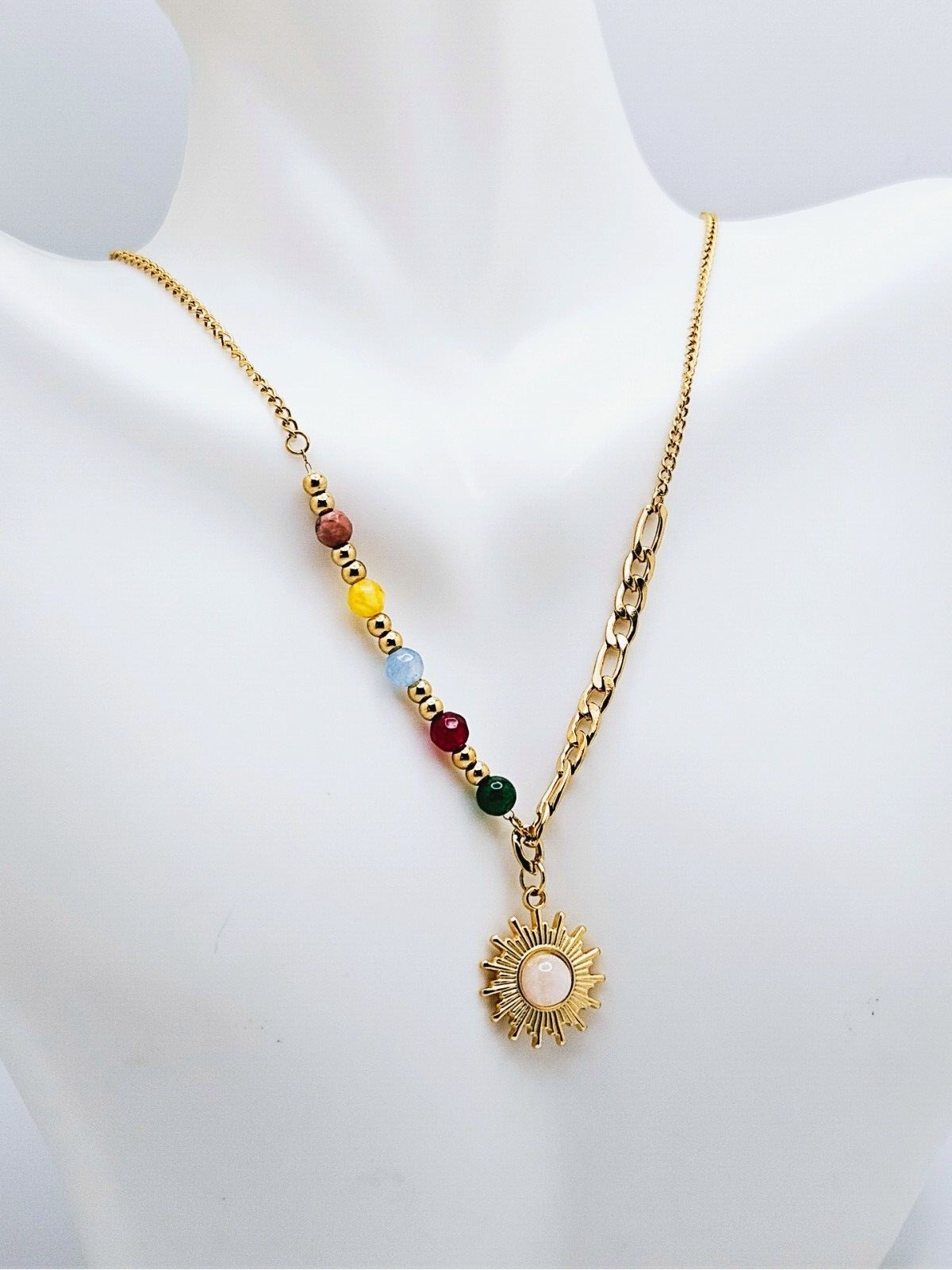 18K Gold Plated Half Colored Bead & Half Figaro Chain, Opal Stone Sun Necklace0