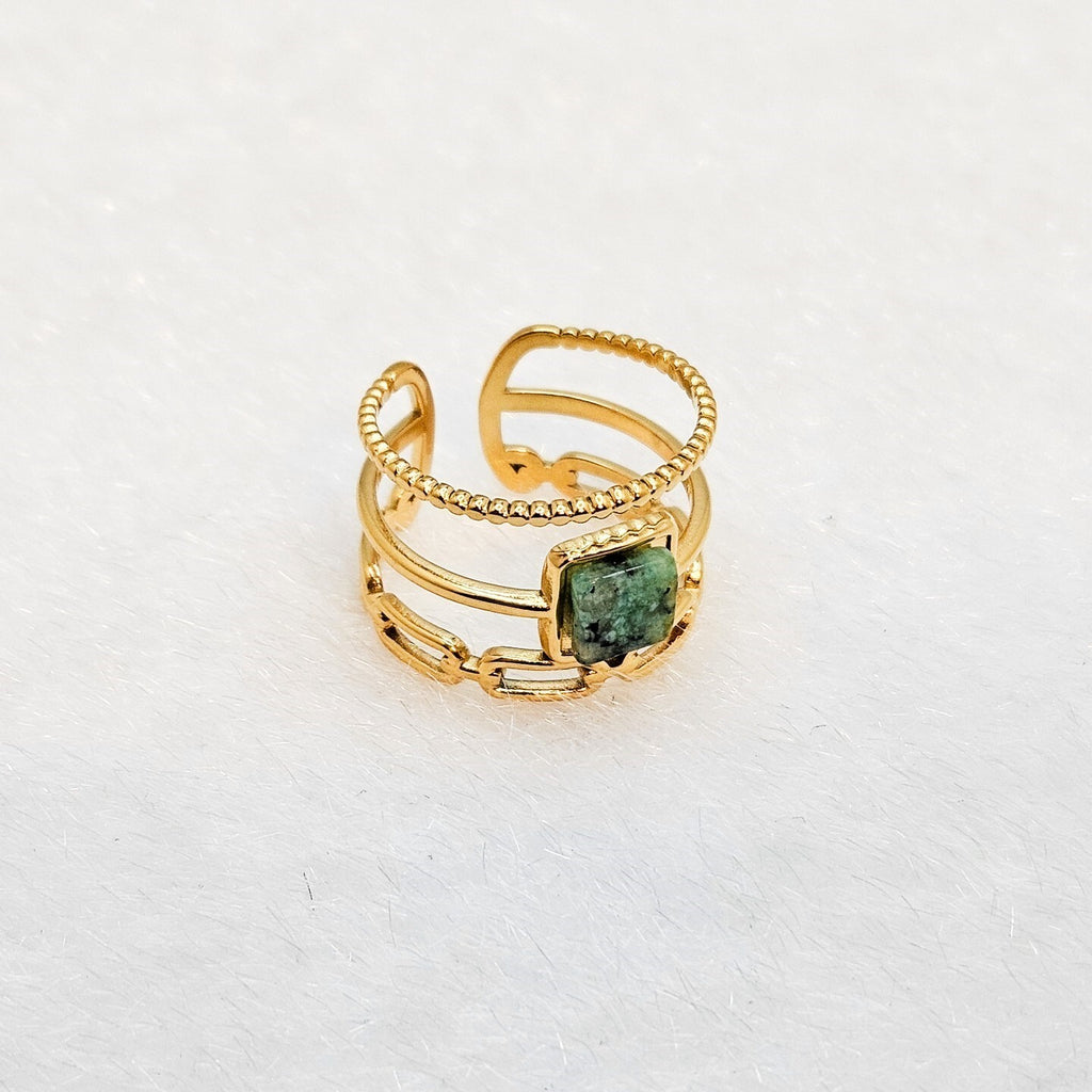 18K Gold Plated Stainless Steel Open Ring Green Marble Stone Adjustable 1