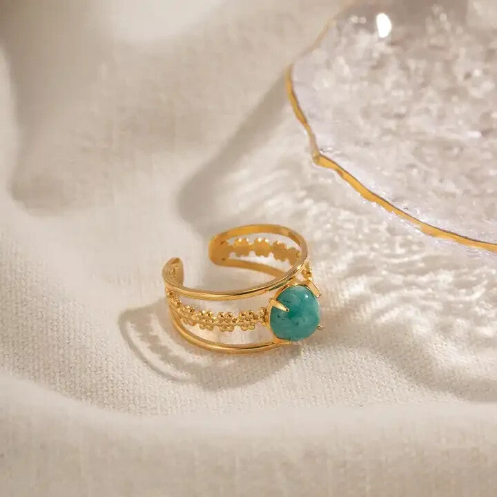 18K Gold Plated Amazonite Natural Stone Adjustable Open Ring, Stainless Steel5