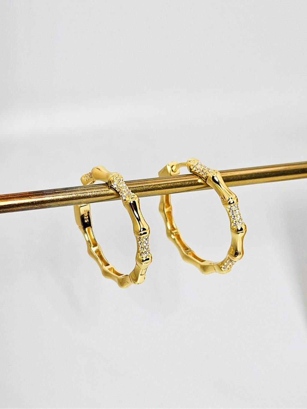 18K Gold Plated Sterling Silver Bamboo Hoop Earrings Clear CZ Elegant Gift1