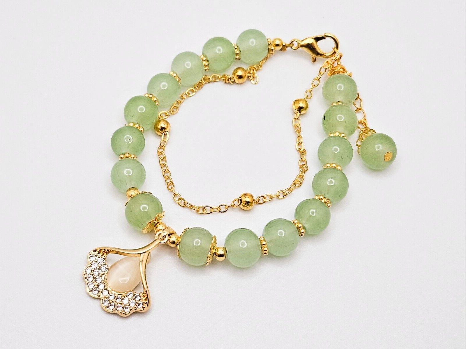 Jade Beaded Bracelet with Leaf Charm, Adjustable Double Layer Gold Link Jewelry0