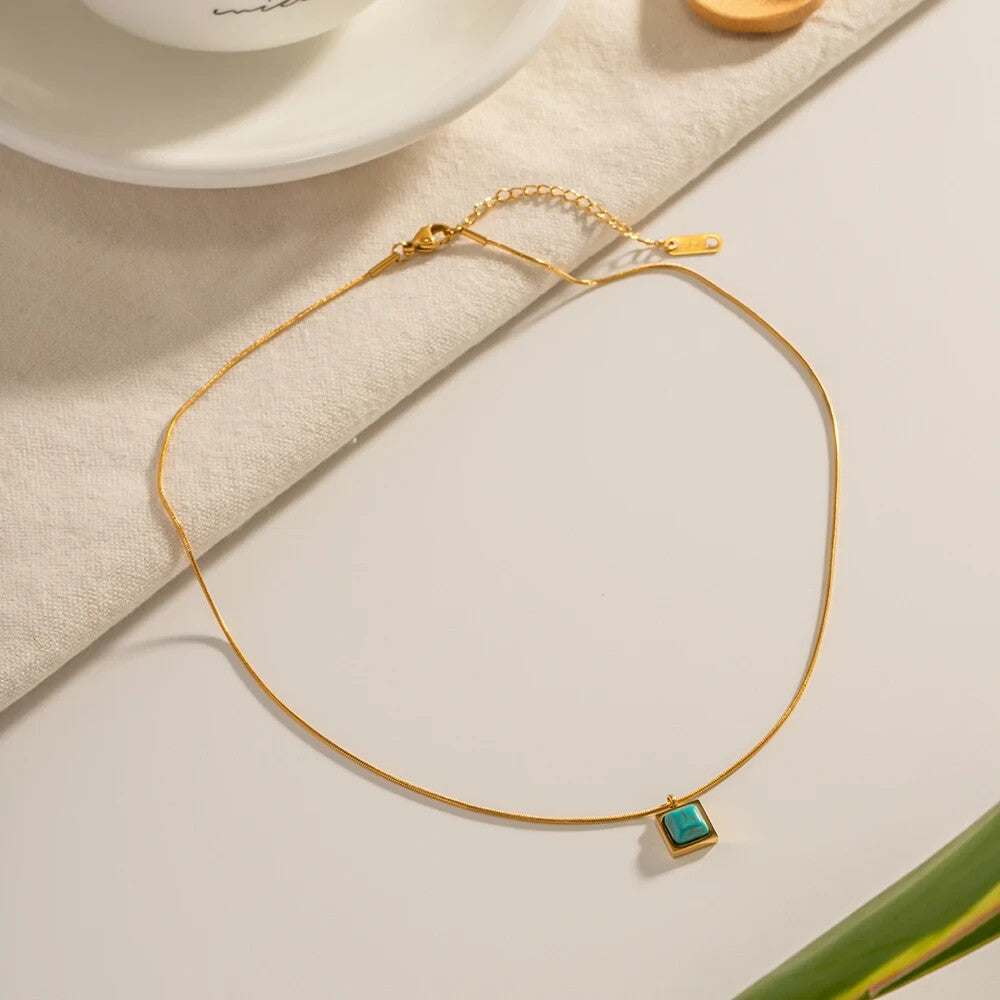 18K Gold Plated Square Shaped Turquoise Stone Pendant, Statement Necklace3