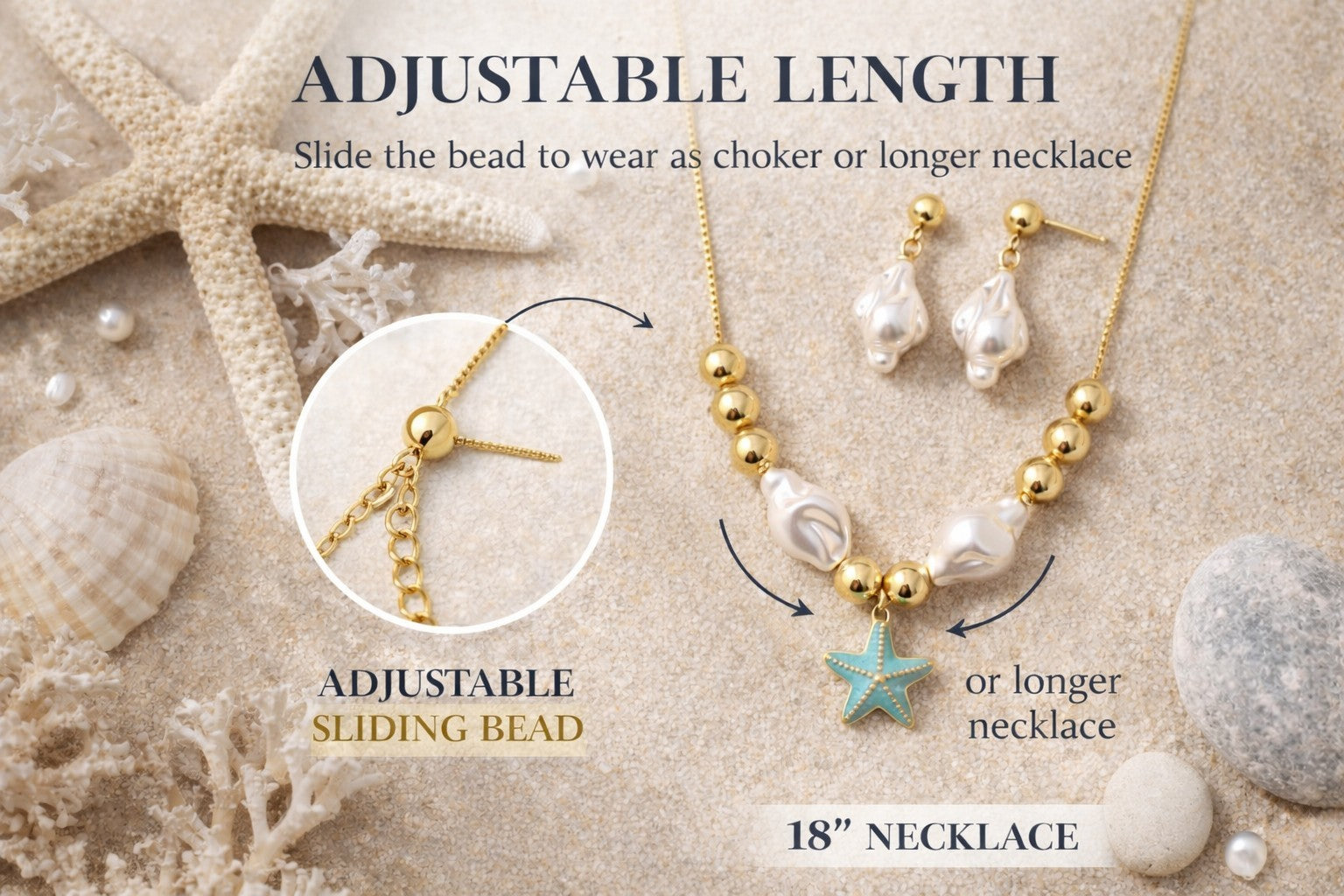 18K Gold Plated Pearl Starfish Necklace & Earrings Set Adjustable Choker for Her5