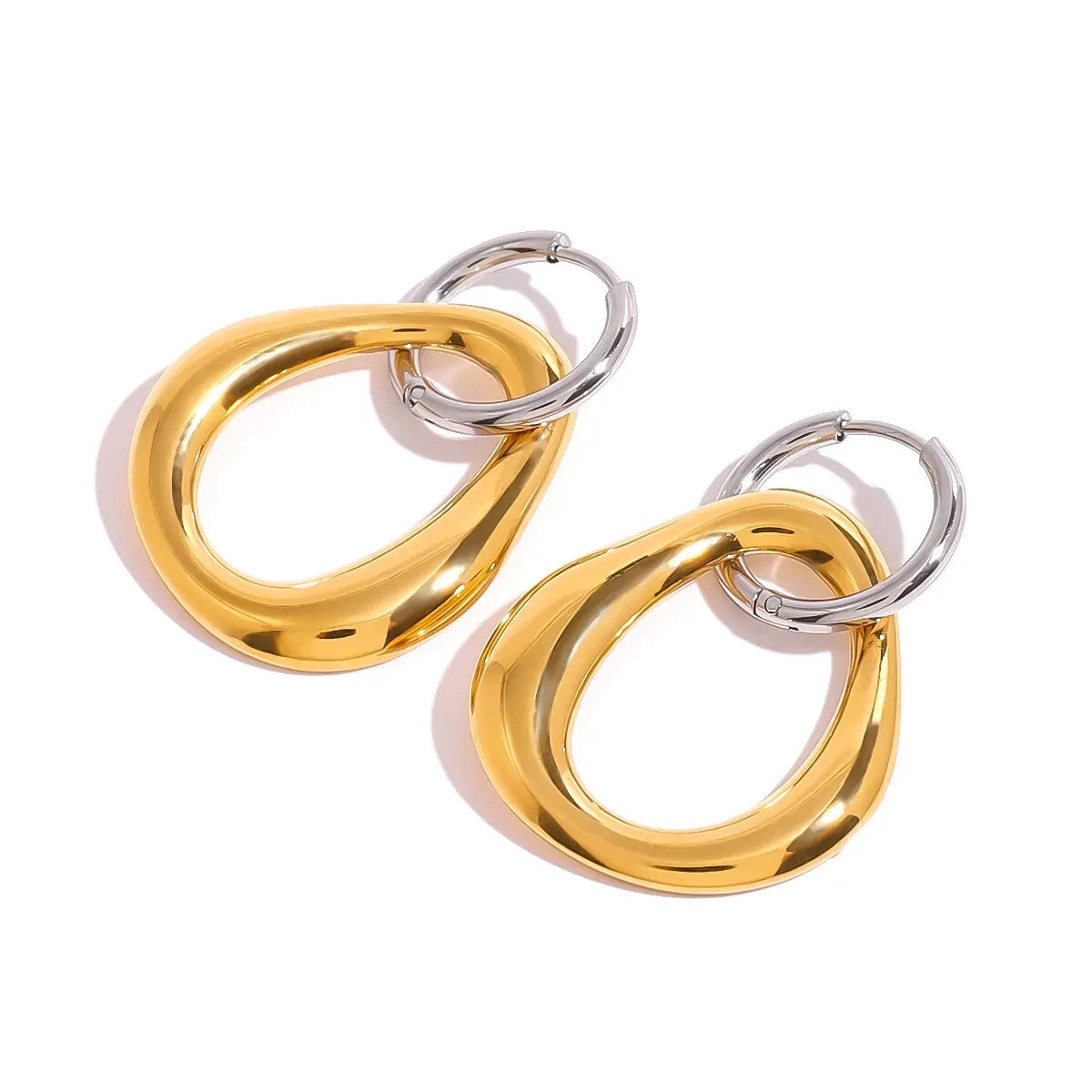 18k Gold Plated Stainless Steel Two-Tone Polished Detachable Drop Hoop Earring5