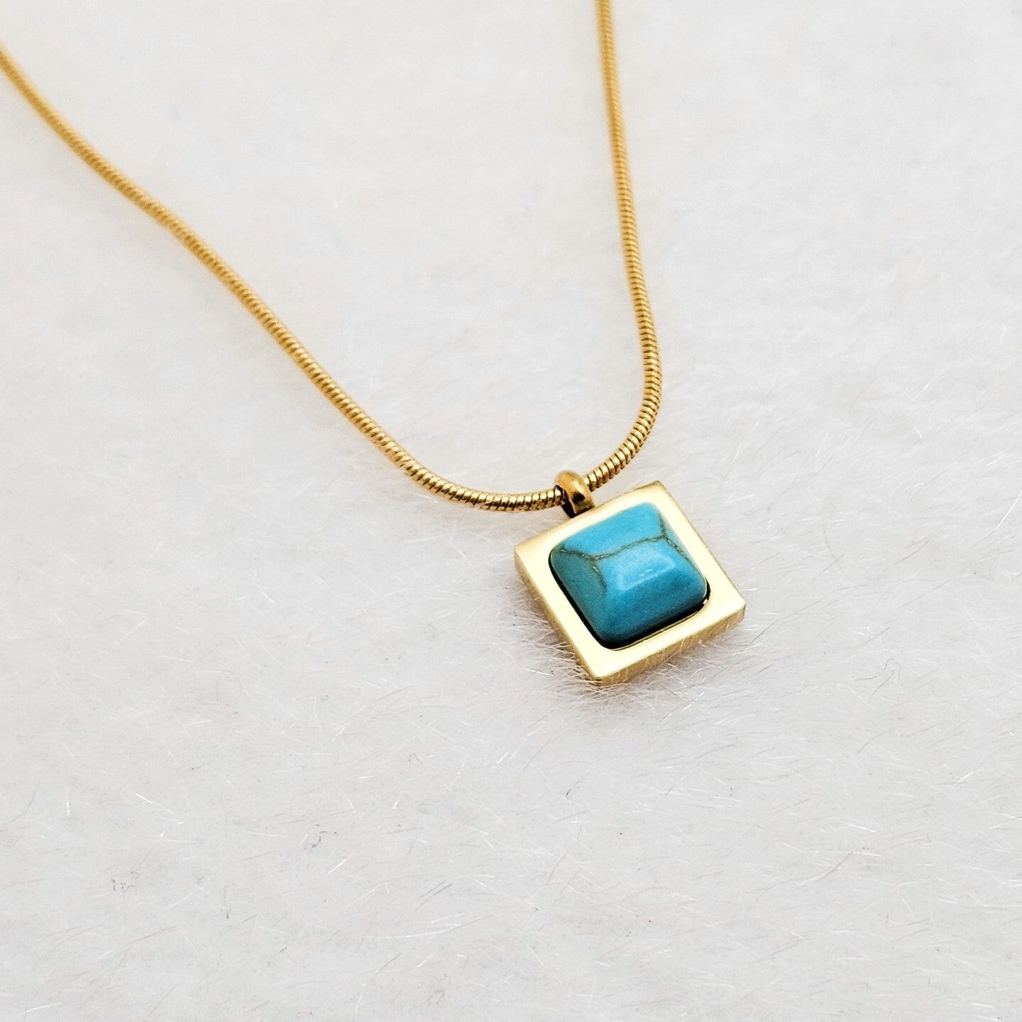 18K Gold Plated Square Shaped Turquoise Stone Pendant, Statement Necklace0