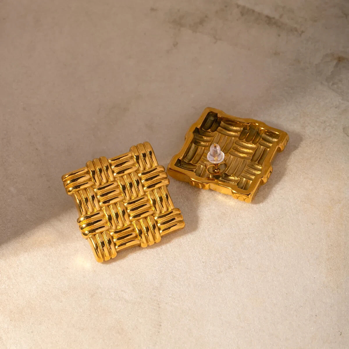 18K Gold Plated Stainless Steel Thick Square Woven Design Stud Earring for Women4