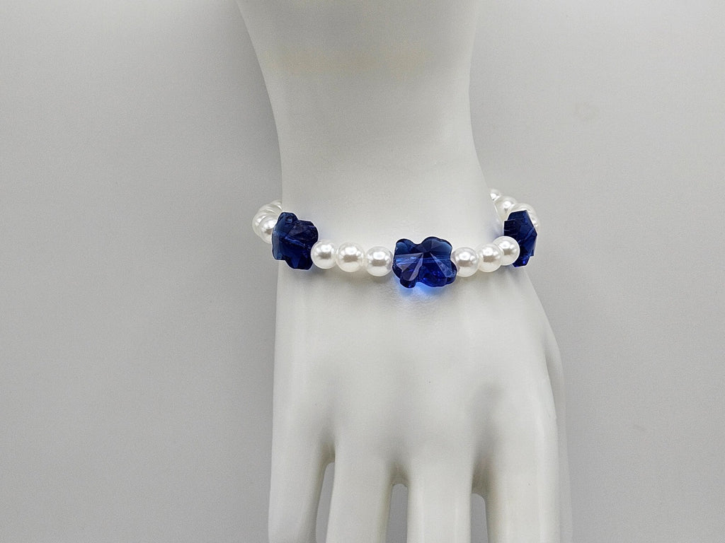 Royal Blue Flower Bracelet Faux Pearl Beads 18K Gold Plated Stretchy Jewelry2