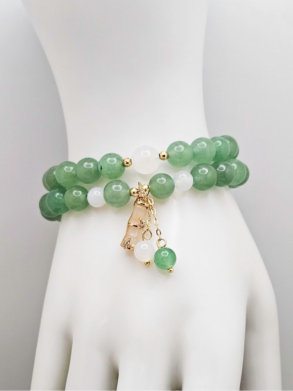 Double Wrap Green Aventurine Natural Stone Beaded Bracelet with Bamboo Charms4