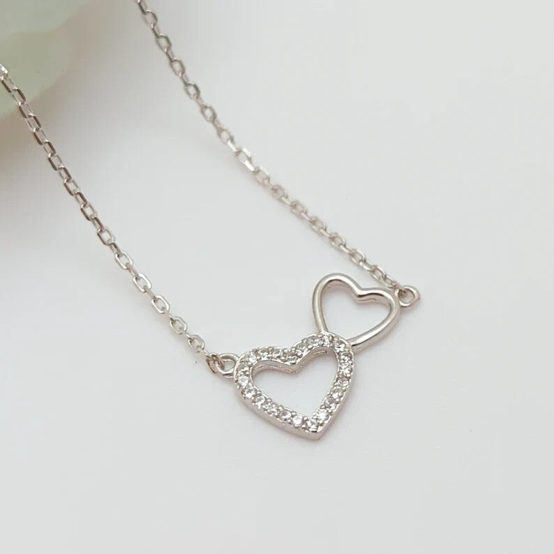 Interlocking Heart Necklace 925 Sterling Silver Cubic Zirconia Dainty Necklace0