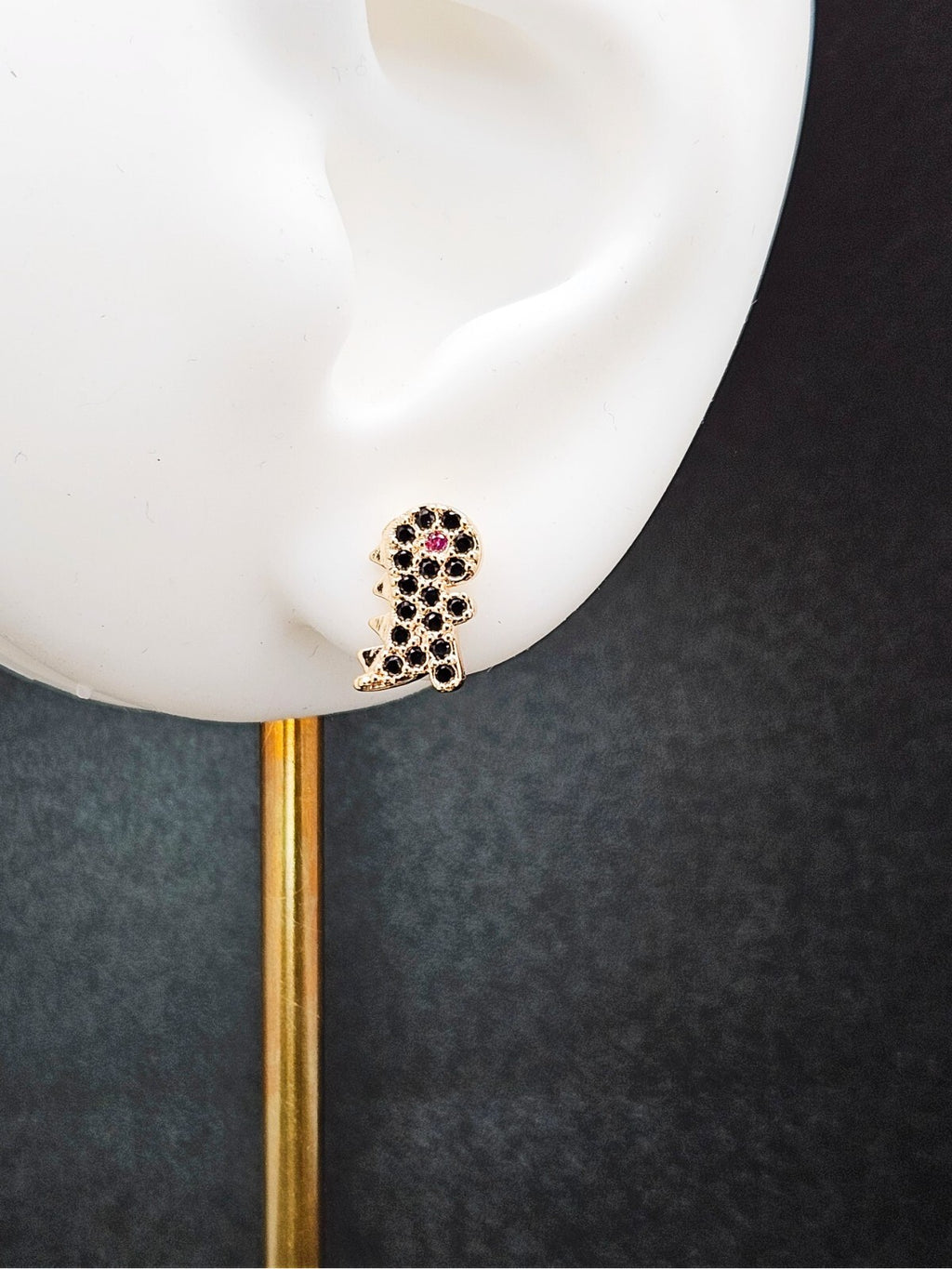 18K Gold with Black Cubic Zirconia Dinosaur Stud Earrings for All Ages1