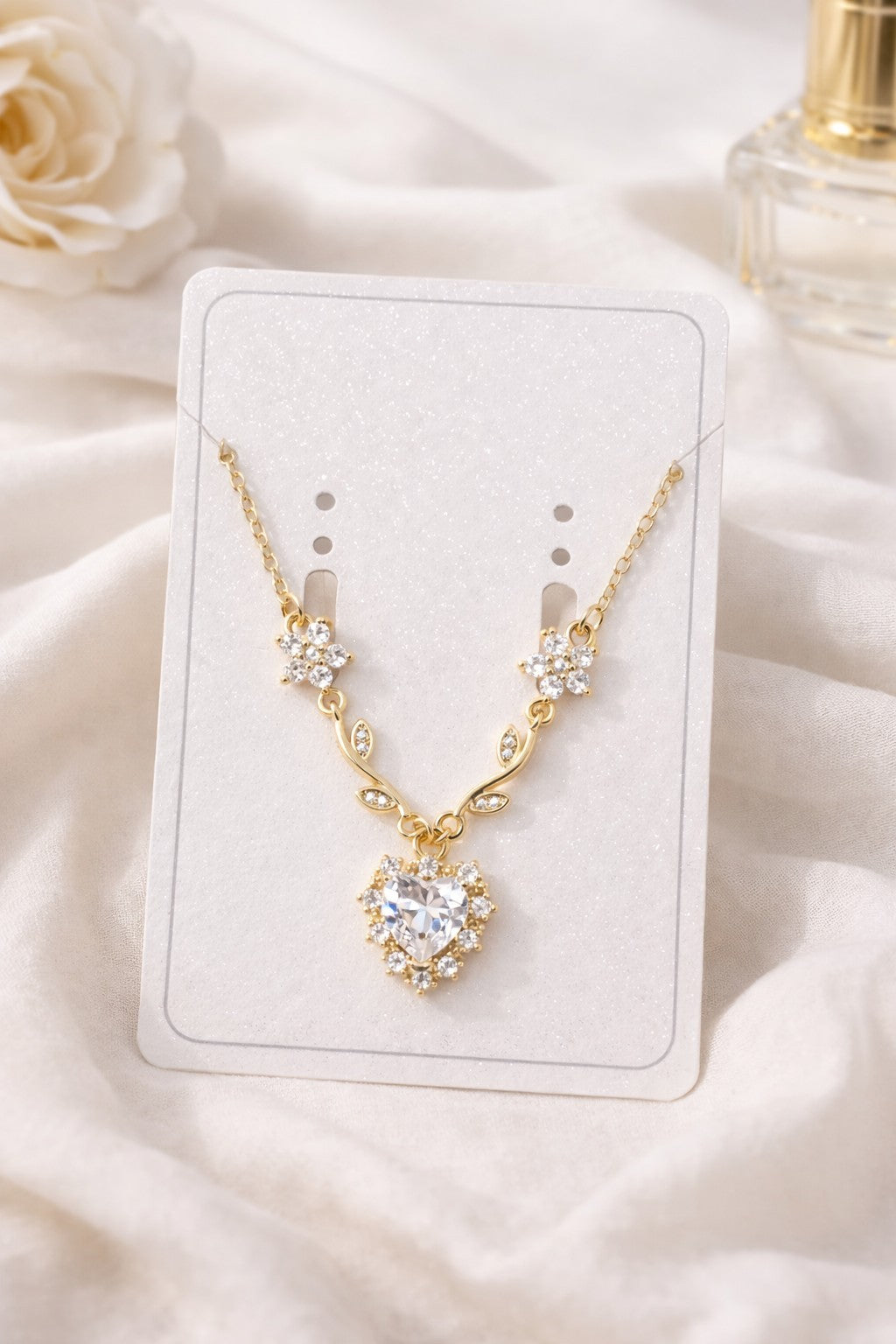 18K Gold Plated CZ Flower & Heart Necklace Earrings Set | Elegant Dangle Jewelry2