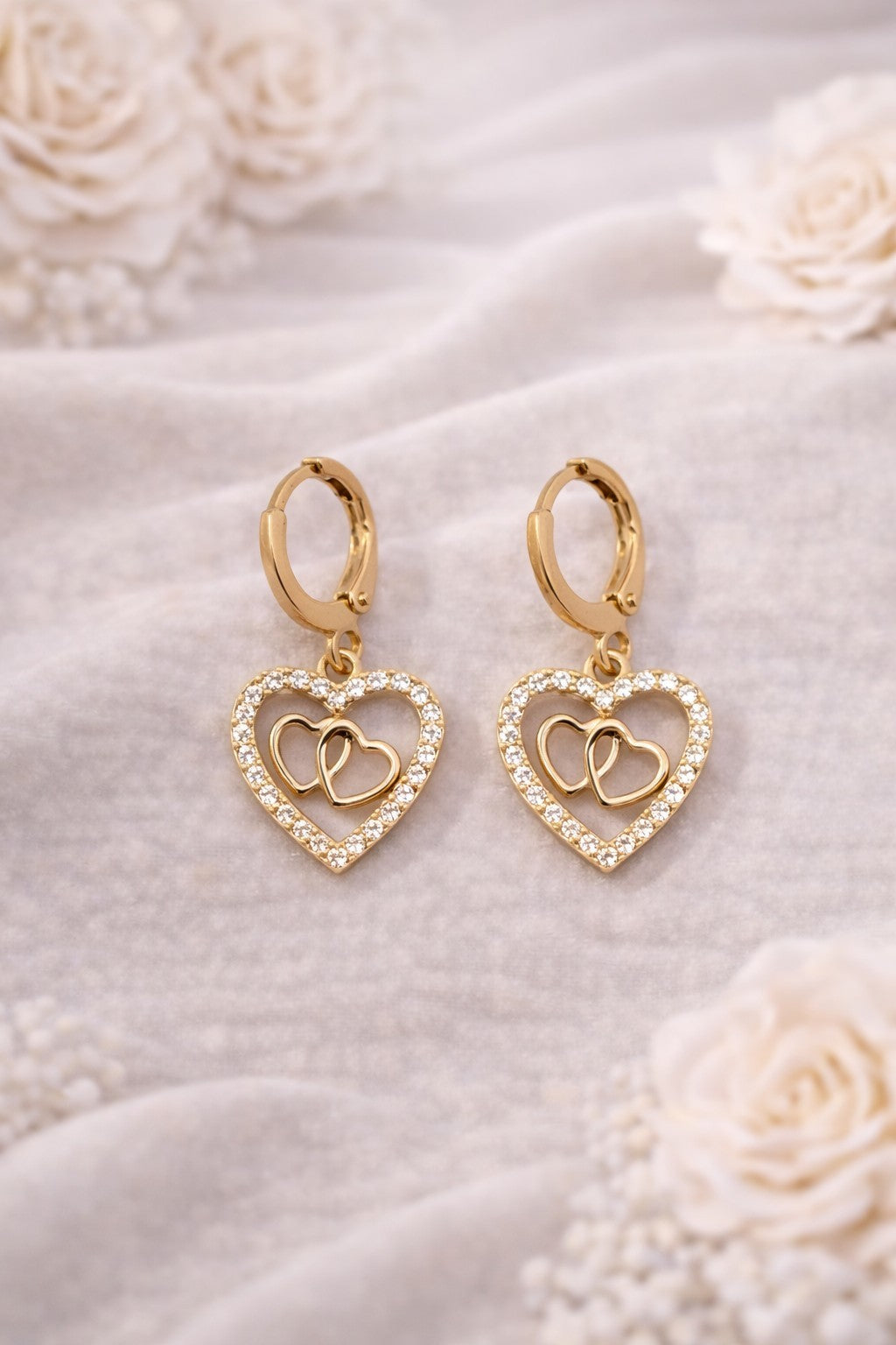 18K Gold Plated Double Heart CZ Jewelry Set Necklace & Earrings Gift1