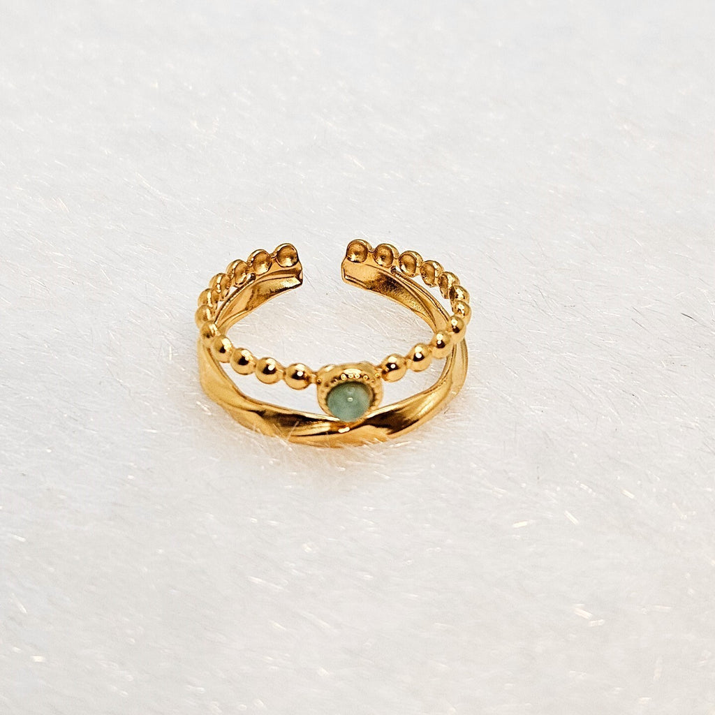 18K Gold Plated Adjustable Open Double Layer Amazonite Ring for Women4