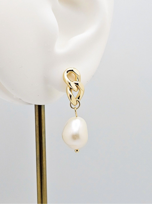 14K Gold Plated Cultured Freshwater Pearls,  Cuban link Drop Earrings for Women0