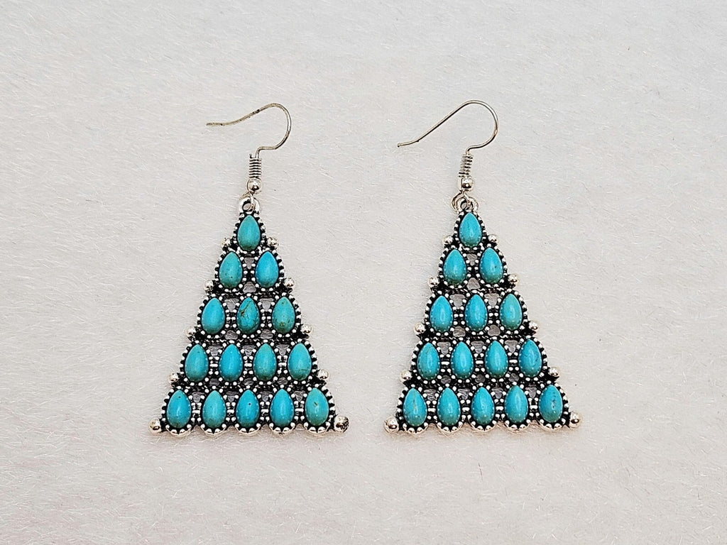 Silver Plated Turquoise Concho Drop Dangle Earrings, Geometric Design Earrings3
