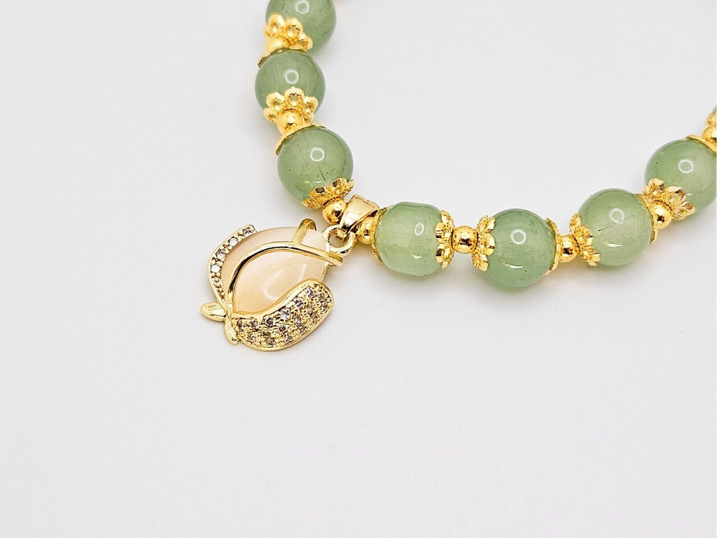 18K Gold Plated Jade Beaded Bracelet with flower charms, Gift for Women1
