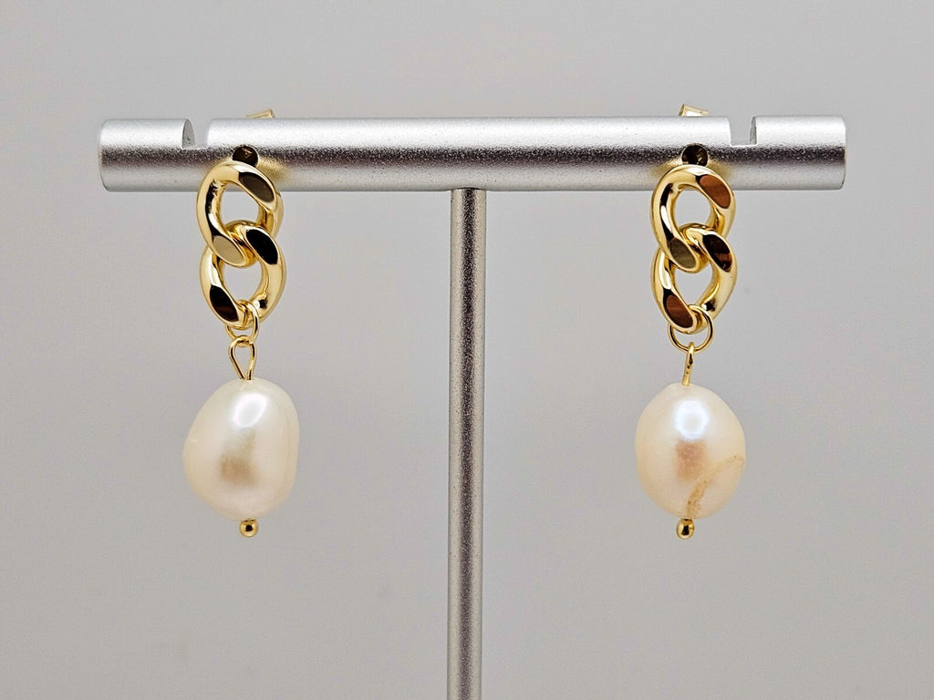 14K Gold Plated Cultured Freshwater Pearls,  Cuban link Drop Earrings for Women2