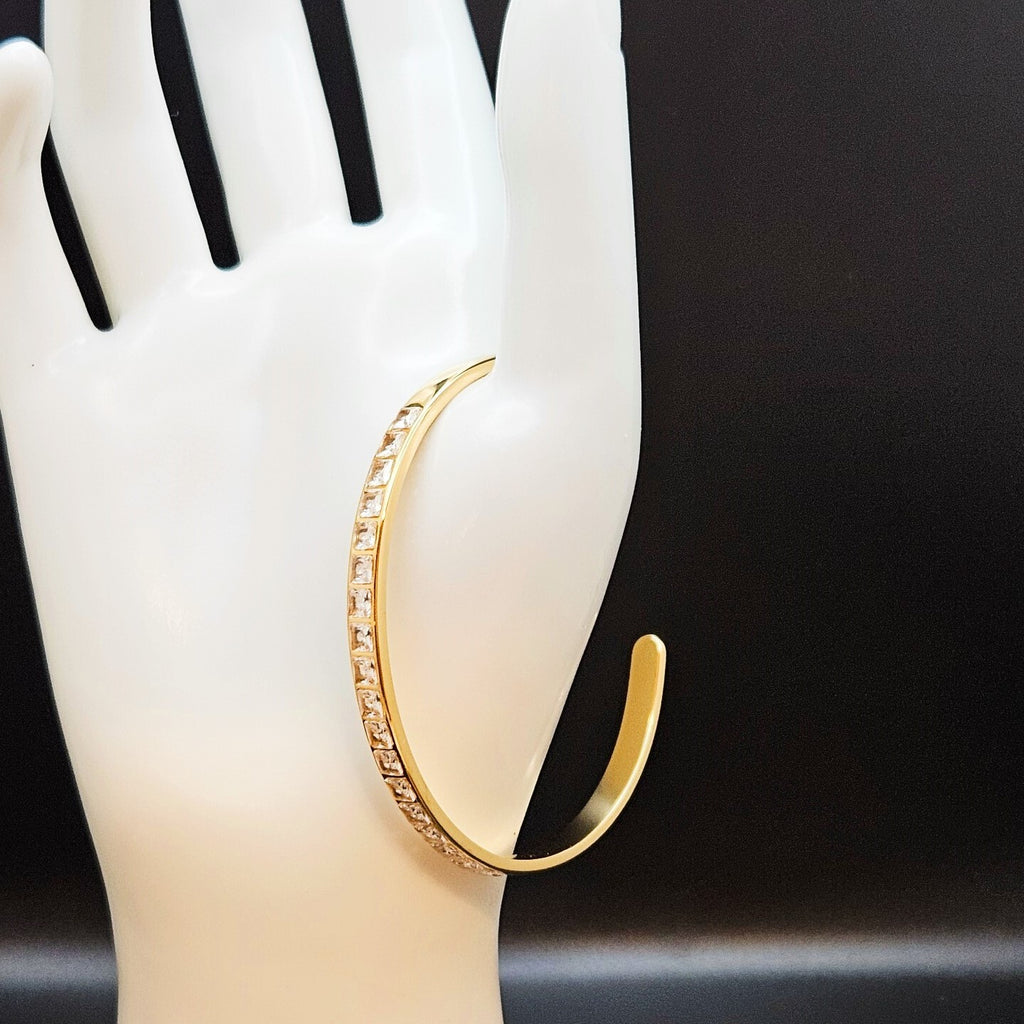 18K Gold Plated Cuff Bangle with Cubic Zirconia Accent, Stainless Steel Bracelet2