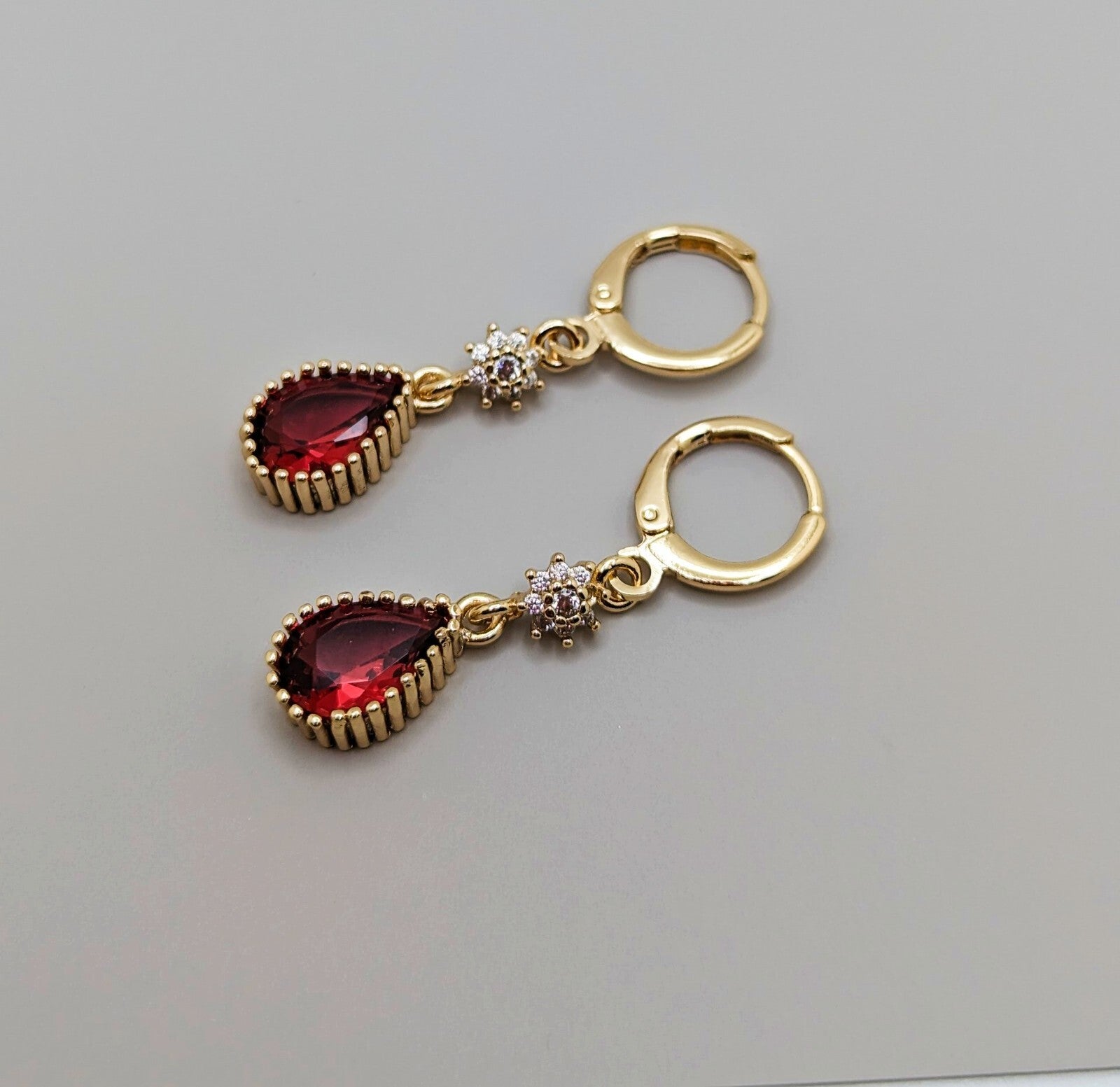 Huggie Drop Earrings 18K Gold with Red Ruby Cubic Zirconia1