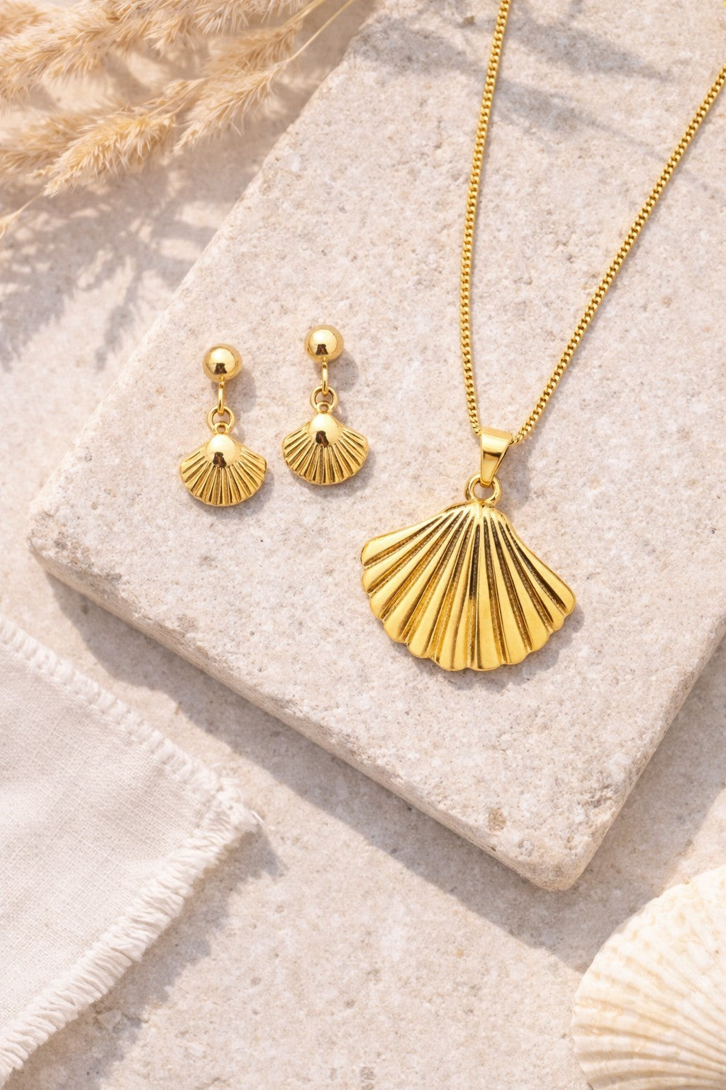 18K Gold Plated Shell Earrings & Chunky Necklace Coastal Beach Jewelry Set 6