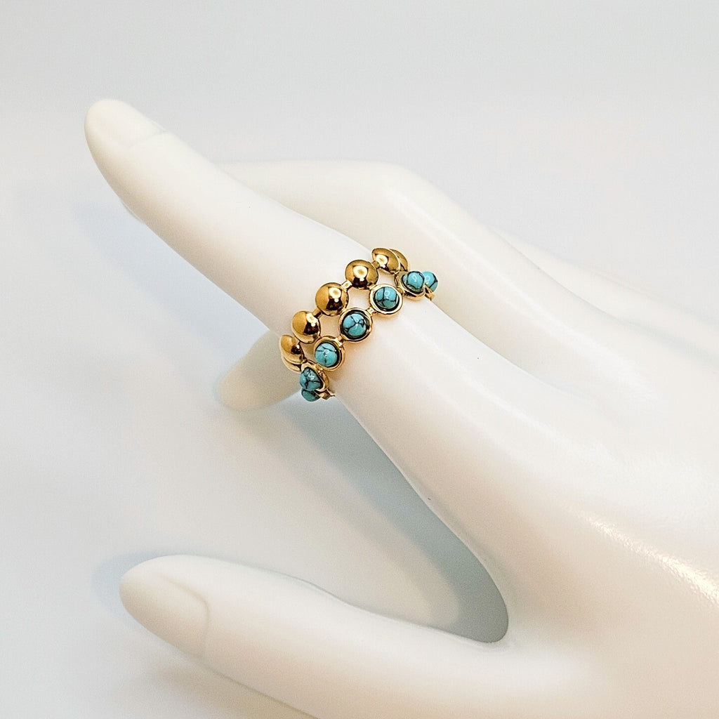 18K Gold Plated Double Layer Turquoise Open Adjustable Ring, Stainless Steel.4