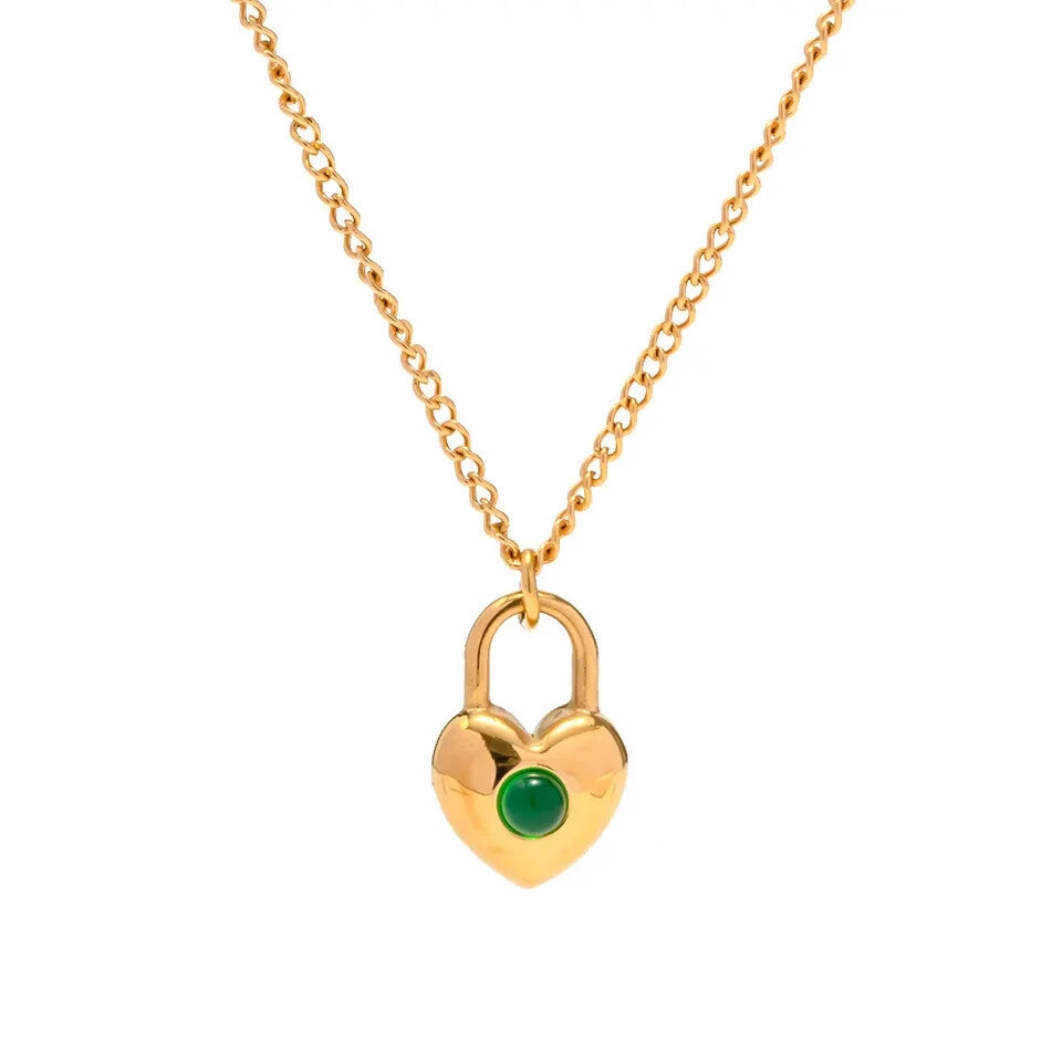 18K Gold Plated Stainless Steel Green Agate Heart Padlock Pendant Necklace2