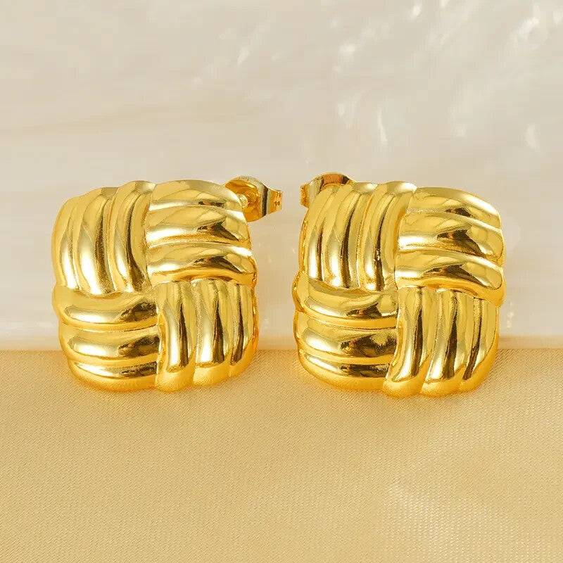 18K Gold Plated Square Stud Earrings Women Bold Woven Vintage Look 21mm2