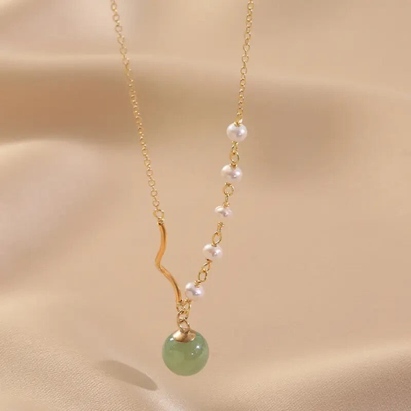 18K Gold Plated Curved Pearl and Light Green Jade Necklace for Women0