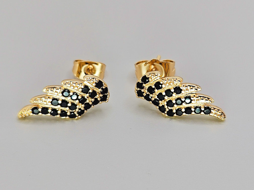 Beauty Angel Wing Stud Earrings 18k Gold with Black Cubic Zirconia0