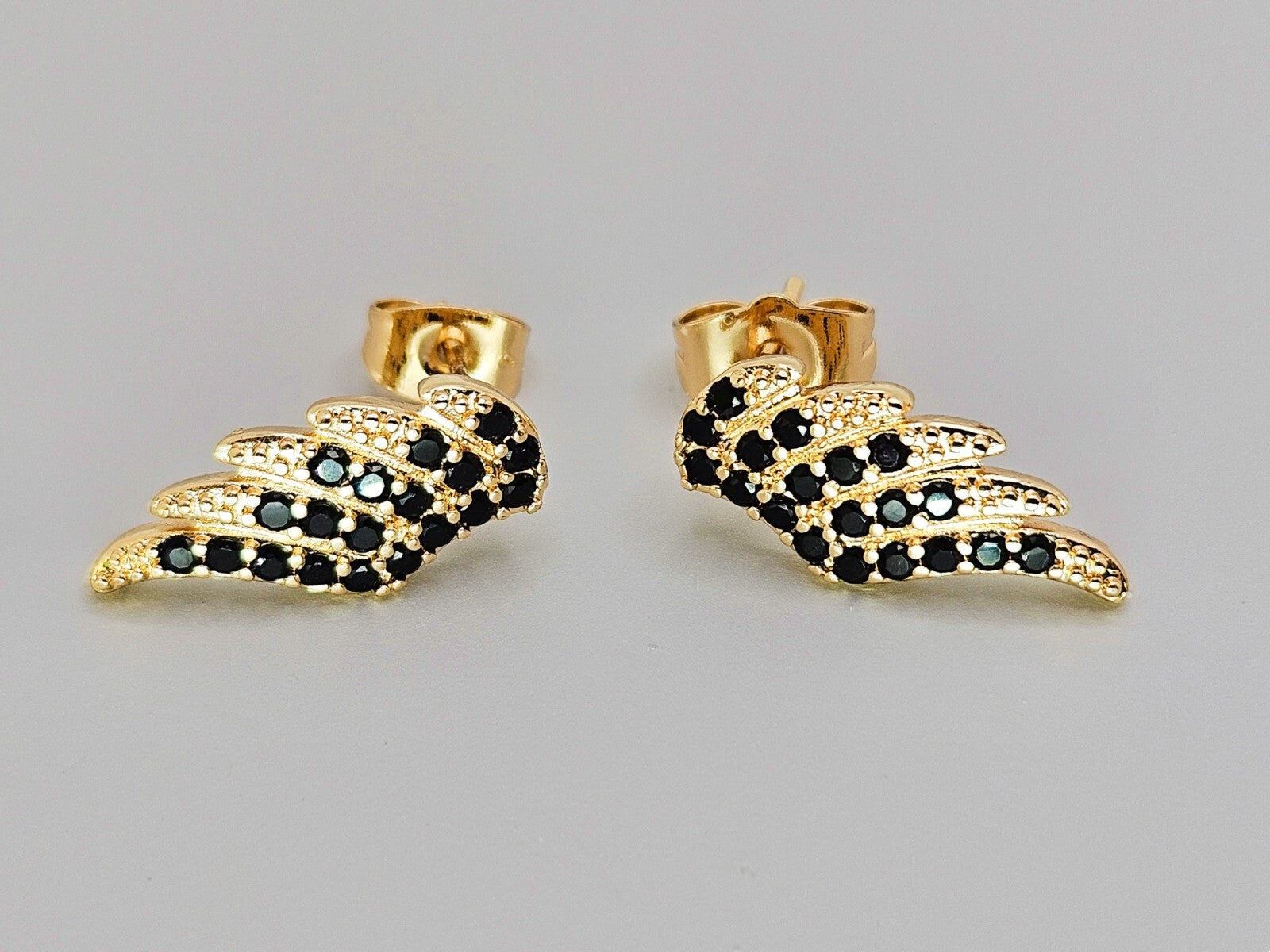 Beauty Angel Wing Stud Earrings 18k Gold with Black Cubic Zirconia0