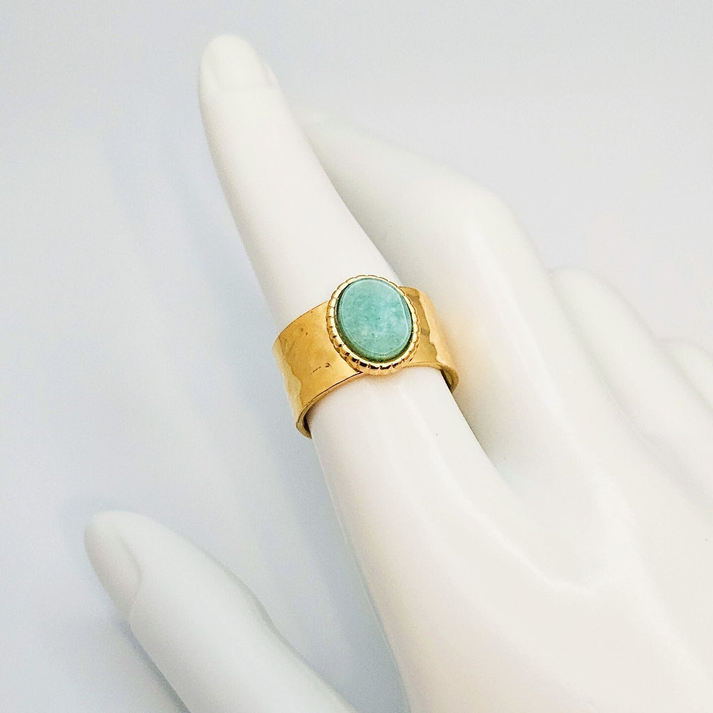 18K Gold Plated Amazonite Stone Wide Ring, Stainless Steel Jewelry for Women3
