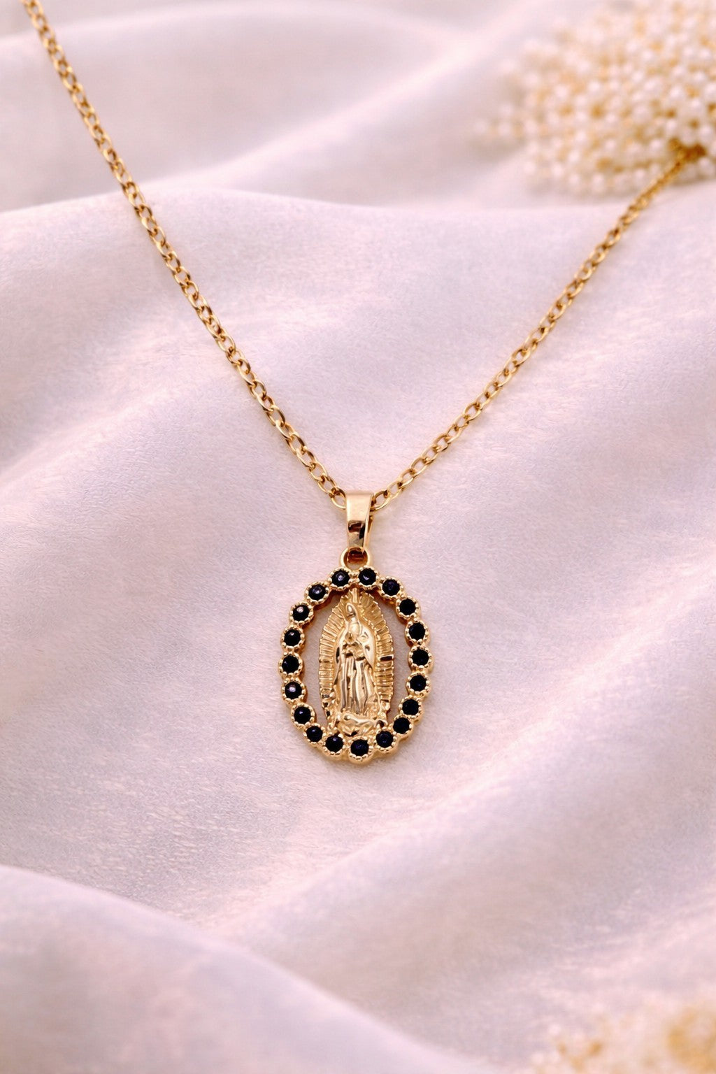 18K Gold Plated Virgin Mary Necklace & Earrings Jewelry Set Black Cubic Zirconia2