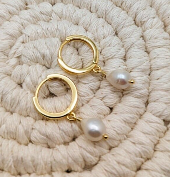 14K Gold Plated Drop Hoop, Cultured Freshwater Pearls Earrings6