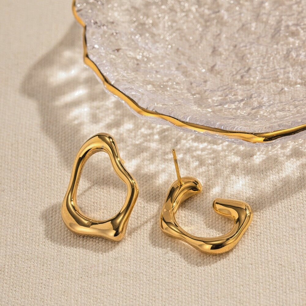 18K Gold Plated Stainless Steel Irregular Circles Earrings, Trendy Studs Jewelry1