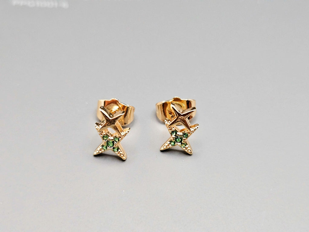 18K Gold Plated Star Stud Earrings, Double Star Earrings, Emerald Stud Earrings0