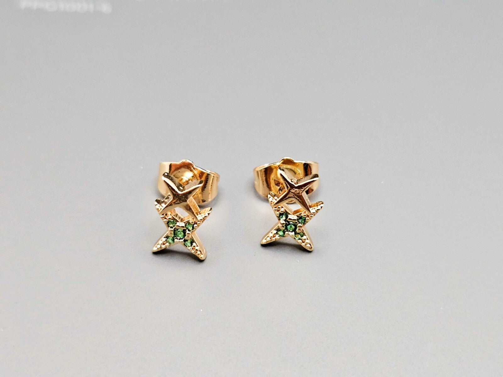 18K Gold Plated Star Stud Earrings, Double Star Earrings, Emerald Stud Earrings0