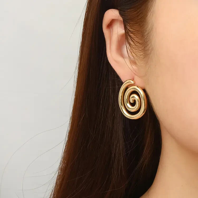 18K Gold Plated Spiral Stud Earrings Women Bold Modern Swirl Stainless Steel0