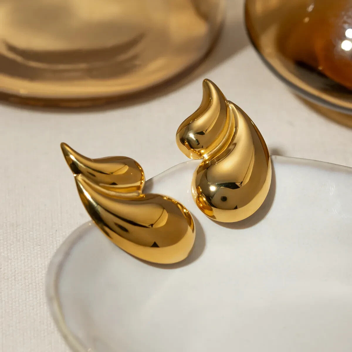 18K Gold Plated Stainless Steel Double Teardrop Exaggerated Style Stud Earrings4