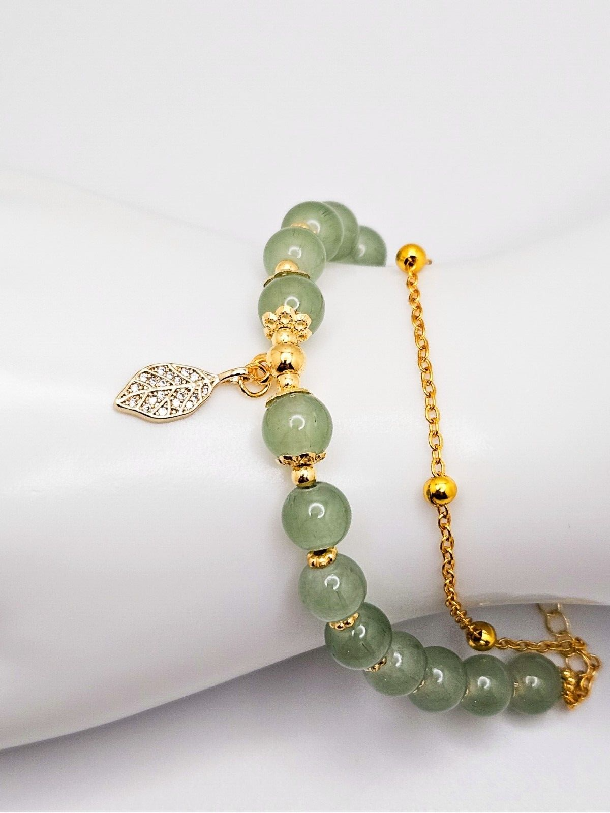 Double Layer Jade Beads Bracelet with Small Gold Plated Pave Leaf Charm2